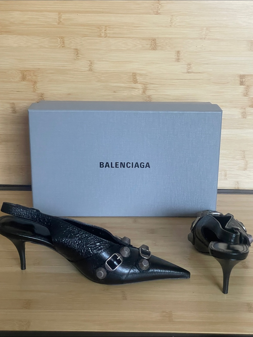 Balenciaga Black Pointed Slingback Heels with Silver Buckle Accents - Picture 6 of 13